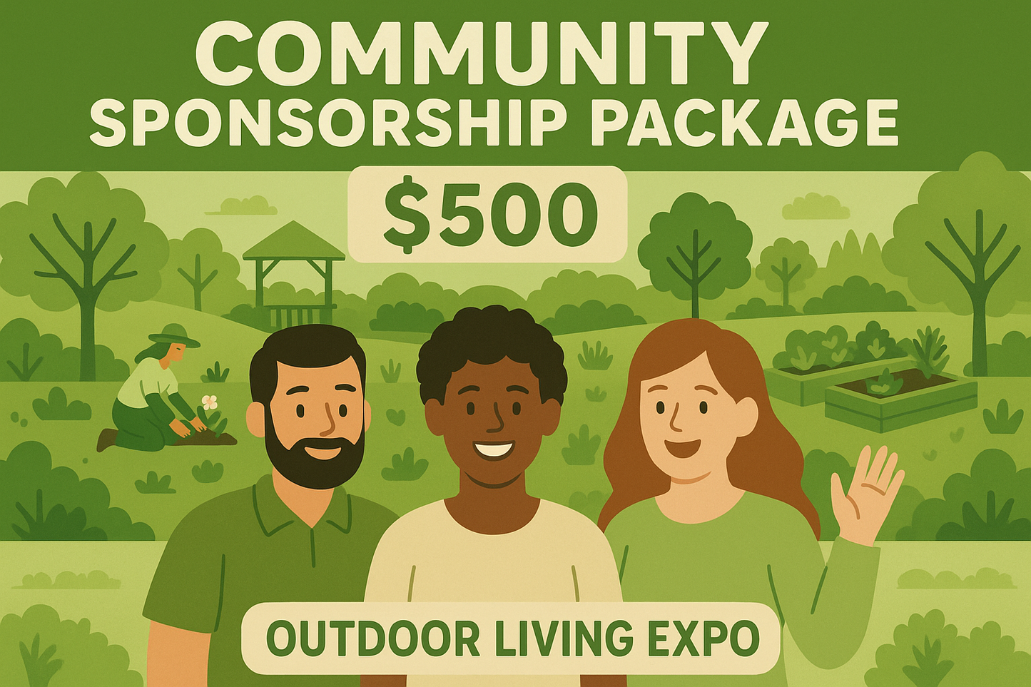 Community Sponsorship Package image featuring green/earth tones representing the $500 tier with community-focused outdoor elements