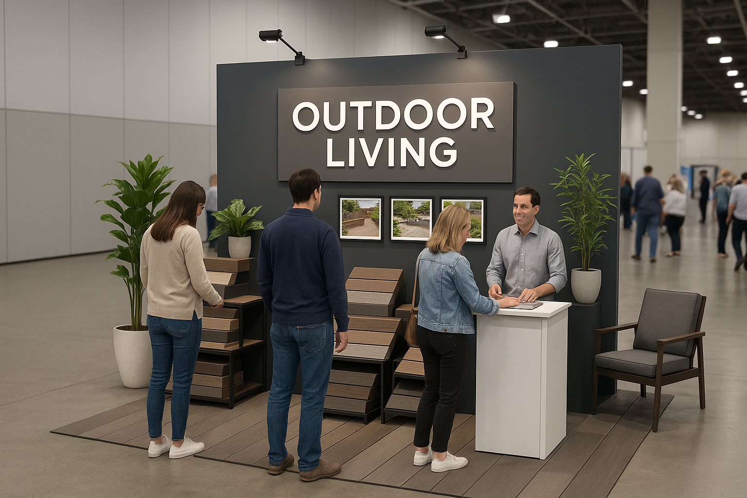A professional 10 x 10 vendor booth for an outdoor living expo with a striking backdrop wall, branded signage, tiered product displays, and a consultation counter