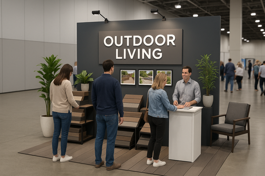 A professional 10 x 10 vendor booth for an outdoor living expo with a striking backdrop wall, branded signage, tiered product displays, and a consultation counter