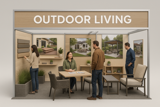 A professional 10 x 20 vendor booth for an outdoor living expo with branded signage spanning the width, multiple product display areas, and a consultation space