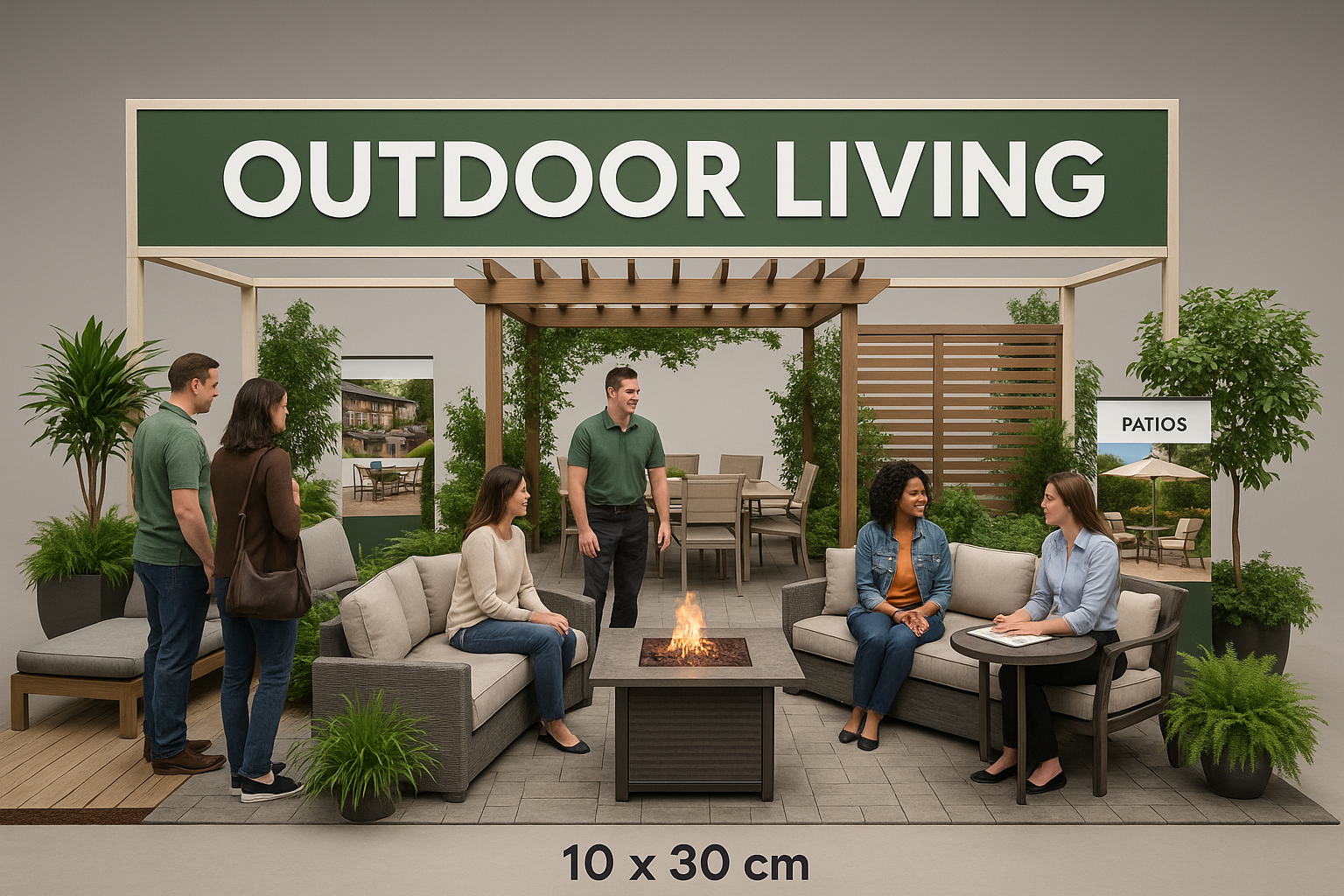 A professional 10 x 30 vendor booth for an outdoor living expo with large branded signage, multiple product zones, a central demonstration area, and consultation spaces