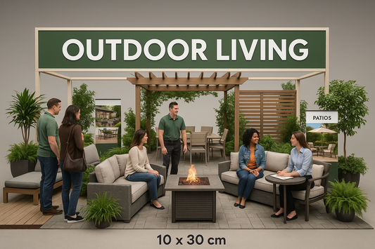A professional 10 x 30 vendor booth for an outdoor living expo with large branded signage, multiple product zones, a central demonstration area, and consultation spaces