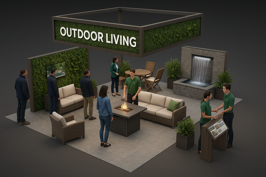 A professional 20 x 20 vendor booth for an outdoor living expo with prominent branded signage, multiple product islands, a central demonstration area, and consultation corners