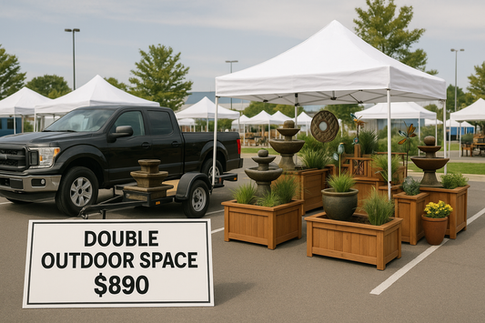 Double Outdoor Space showing a pickup truck and small tent setup with handcrafted items and signage indicating $890