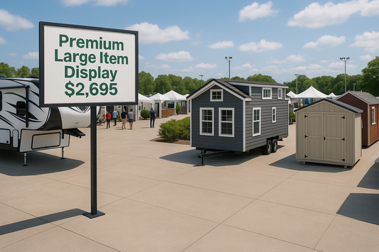 Premium Large Item Display Space showing RVs, tiny houses and storage sheds with signage indicating $2,695