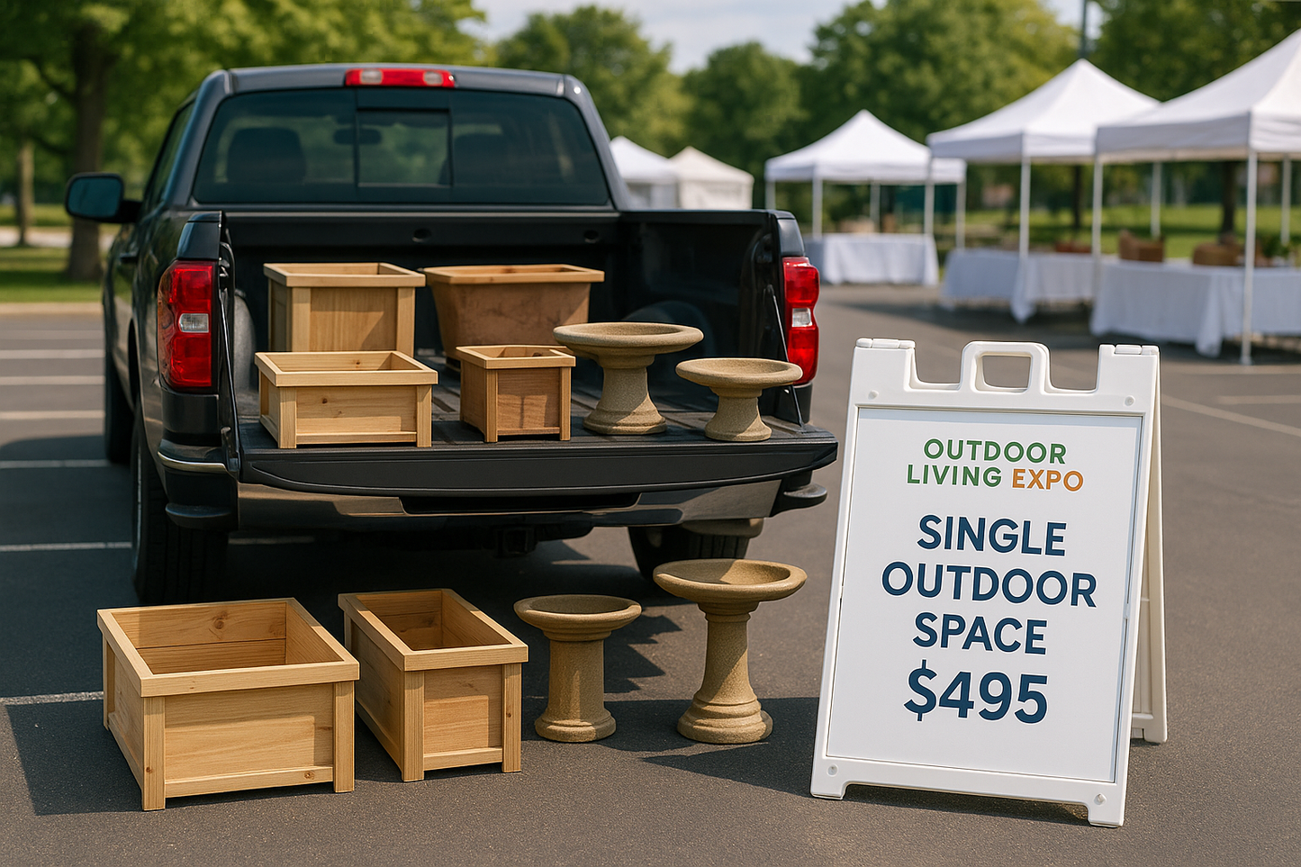 Single Outdoor Space showing a pickup truck with handcrafted items displayed from the tailgate with signage indicating $495