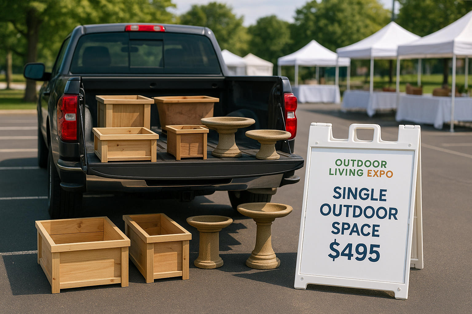 Single Outdoor Space showing a pickup truck with handcrafted items displayed from the tailgate with signage indicating $495