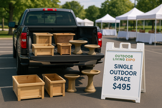 Single Outdoor Space showing a pickup truck with handcrafted items displayed from the tailgate with signage indicating $495
