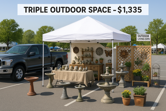 Triple Outdoor Space showing a larger setup with pickup truck, tent canopy and multiple displays with signage indicating $1,335