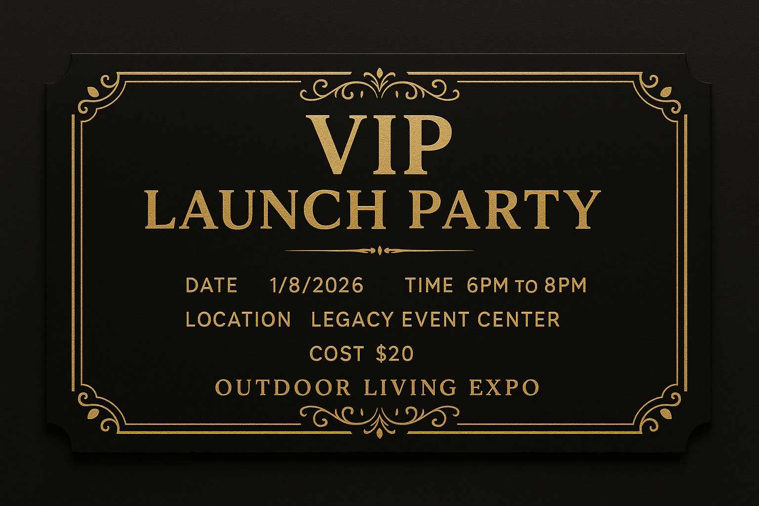 VIP Launch Party ticket with gold accents showing Date: 1/8/2026, Time: 6pm to 8pm, Location: Legacy Event Center, Cost: $20