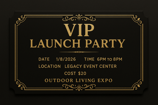 VIP Launch Party ticket with gold accents showing Date: 1/8/2026, Time: 6pm to 8pm, Location: Legacy Event Center, Cost: $20